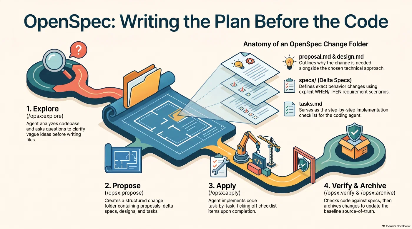 The OpenSpec workflow from explore to archive, and what goes into a change folder - AI generated The OpenSpec workflow from explore to archive, and what goes into a change folder - AI generated